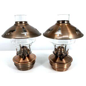 Lamplight Farms Oil Lamp Brushed Bronze Moose Pine Tree Cutouts Cabin Lot of 2